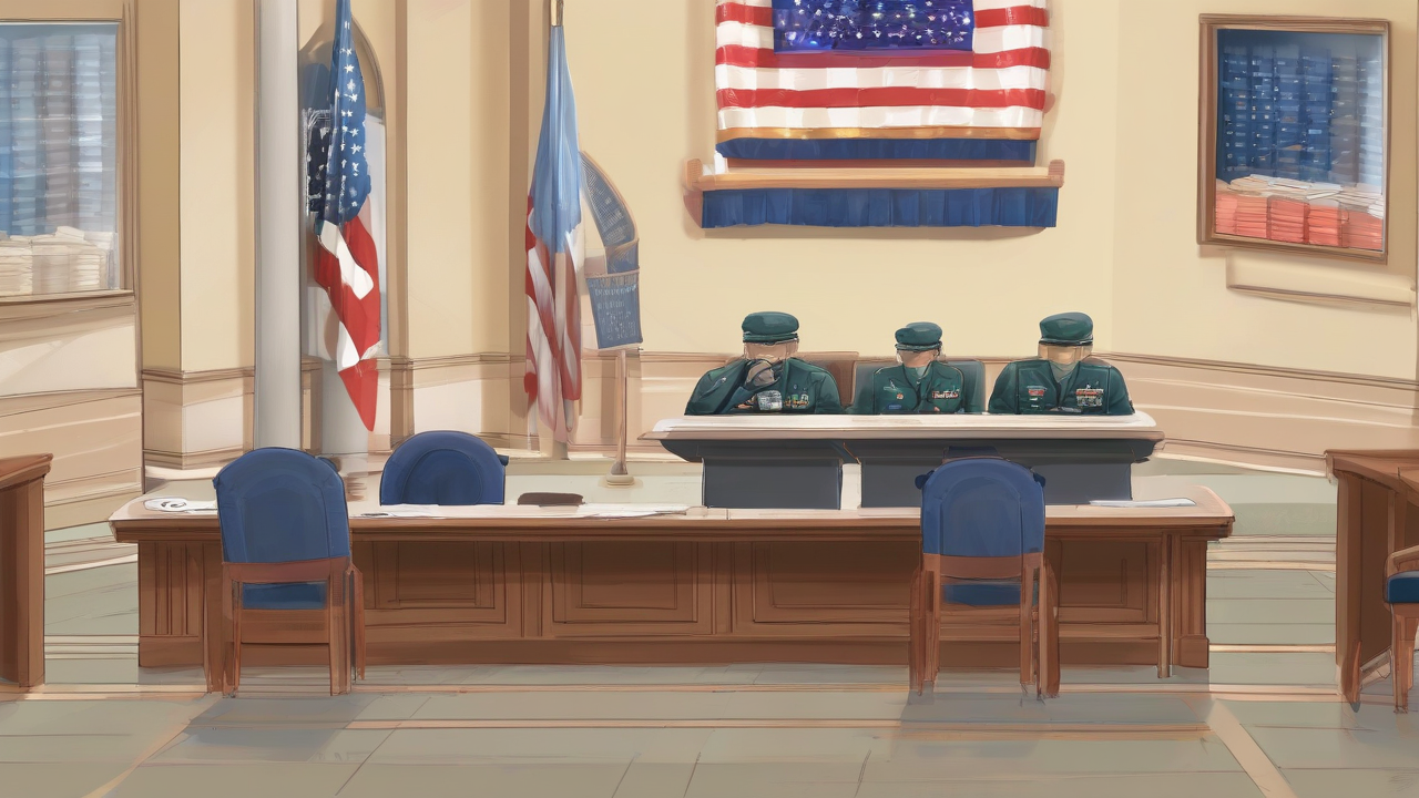 An empty congressional hearing table faces military cost blocks and an open flight path