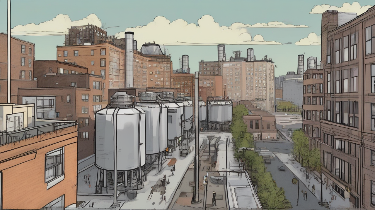 Cooling towers over an Upper East Side streetscape with two dated patient rows