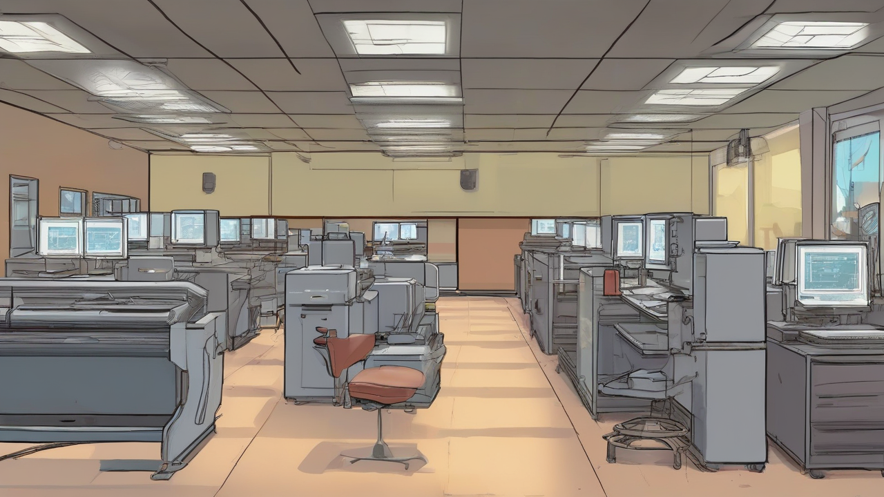 A newspaper room with empty desks, printing equipment and a generic AI server