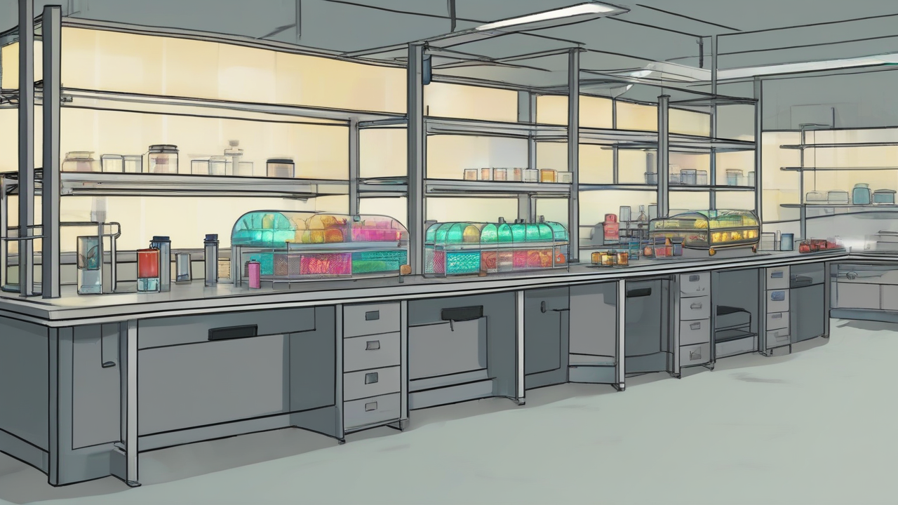 Nearly empty public-health laboratory benches with three illuminated workstations