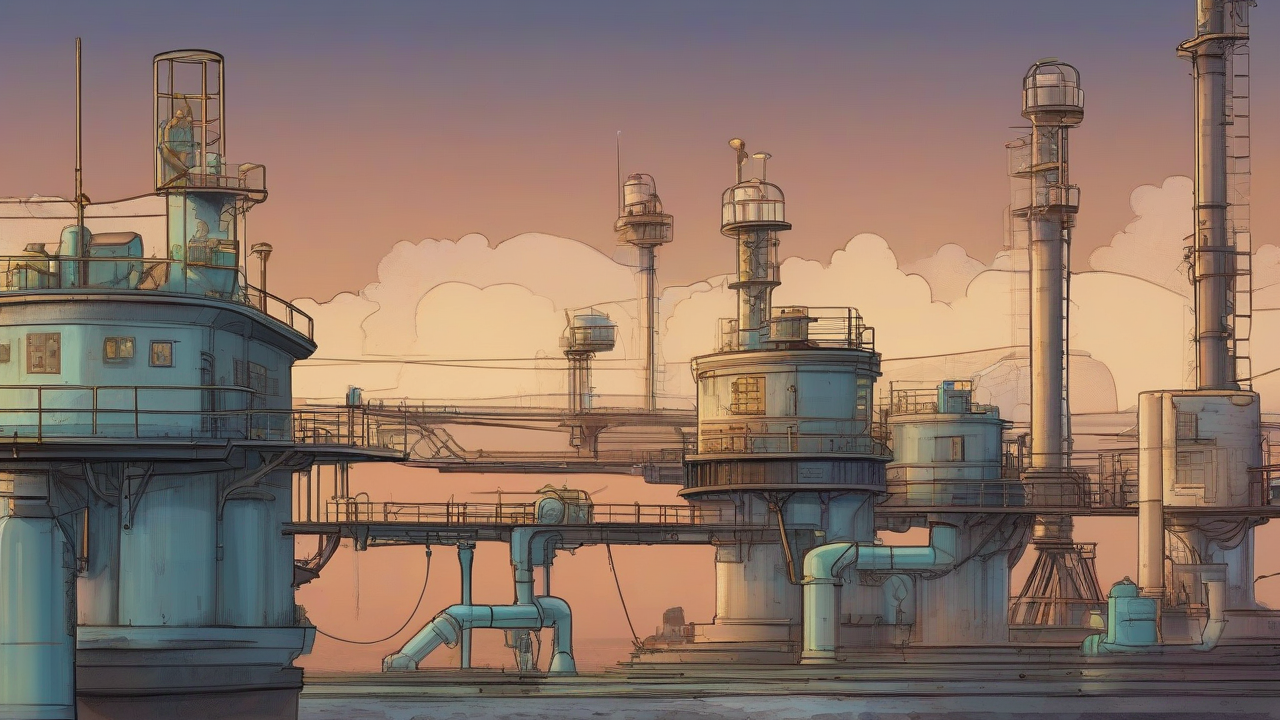 Offshore platforms feed pipelines toward a treasury vault and a household meter