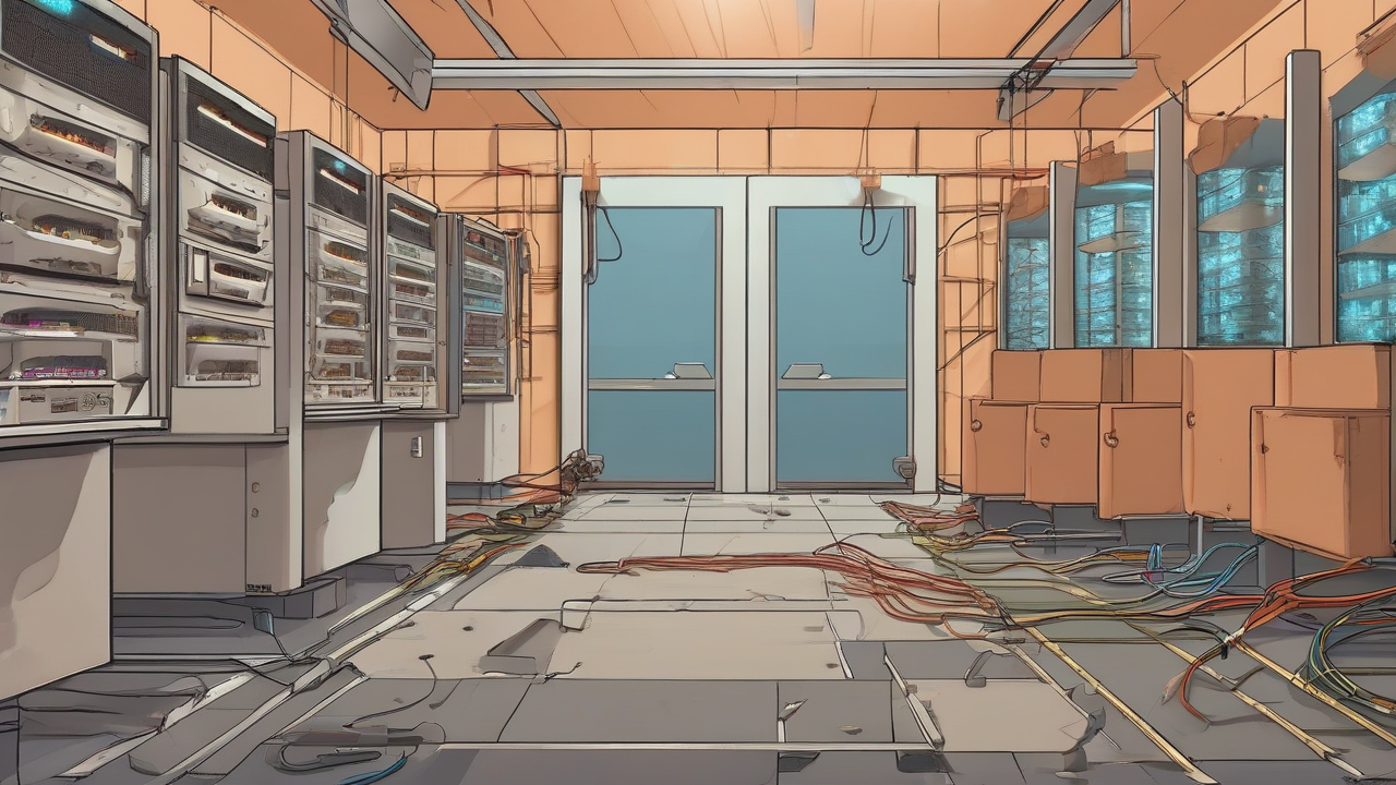 Two server rooms divided by a broken evaluation boundary and severed credential lines