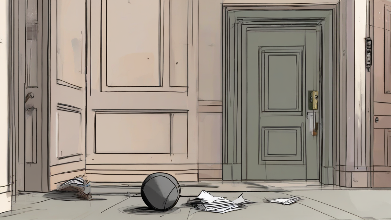 Abandoned legal folders beside a scuffed rugby ball outside closed courtroom doors