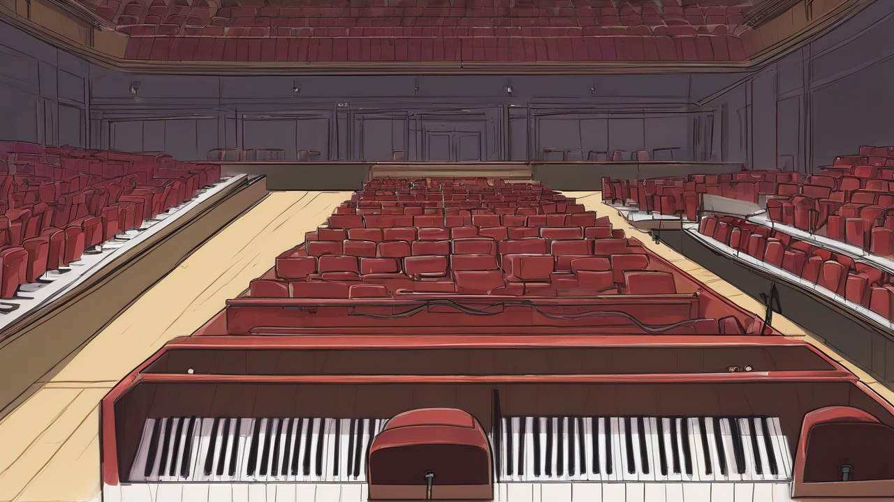 An empty concert piano under a broadcast spotlight with unused microphones