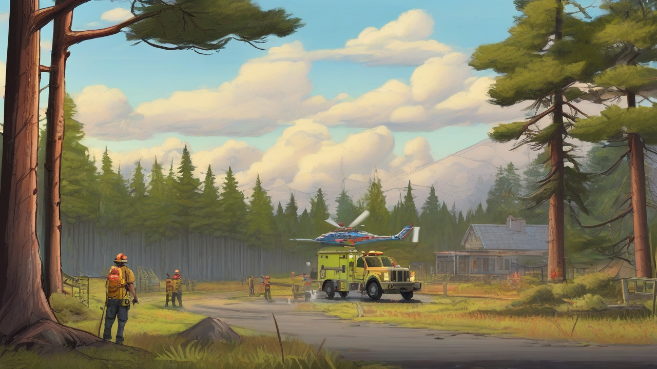 A pine-forest evacuation route leads toward reception centers while aircraft and firefighters work at a distant perimeter