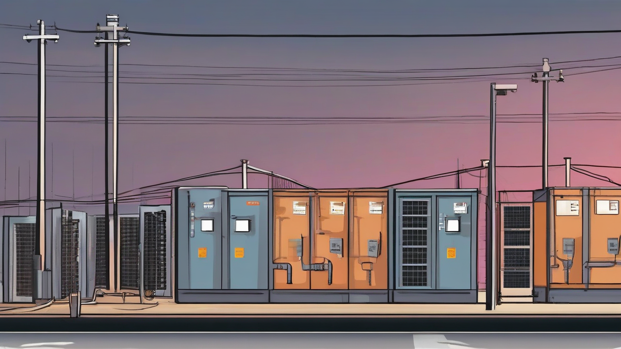 A datacenter load curve hangs above household meters with a utility commission gate between them