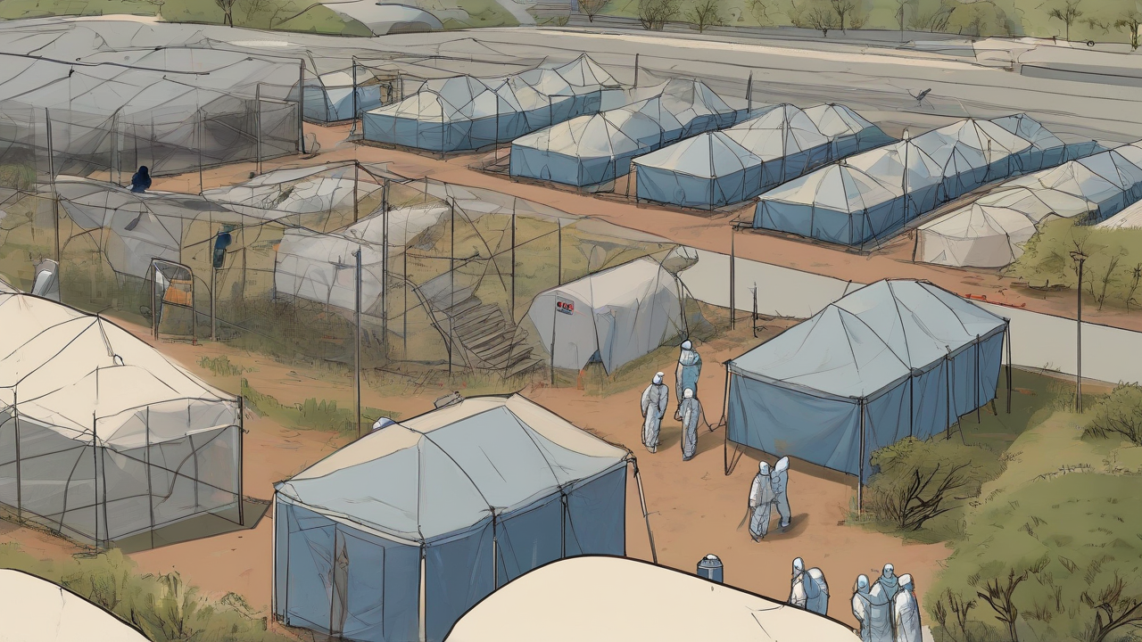 Outbreak-response compound with isolation tents and protective equipment staged at a clean entry point