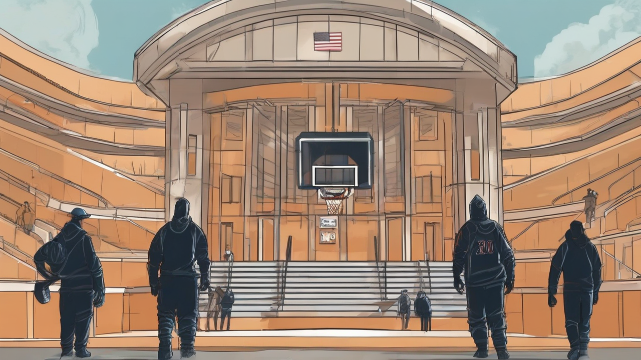 An anonymous veteran basketball player approaches a Philadelphia-inspired arena while cap-space blocks remain outside
