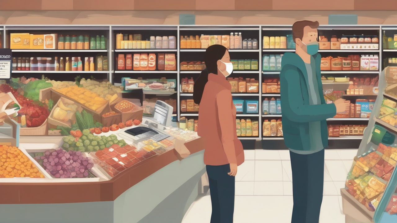 An anonymous family at a grocery checkout beside nineteen differently dated state data cards