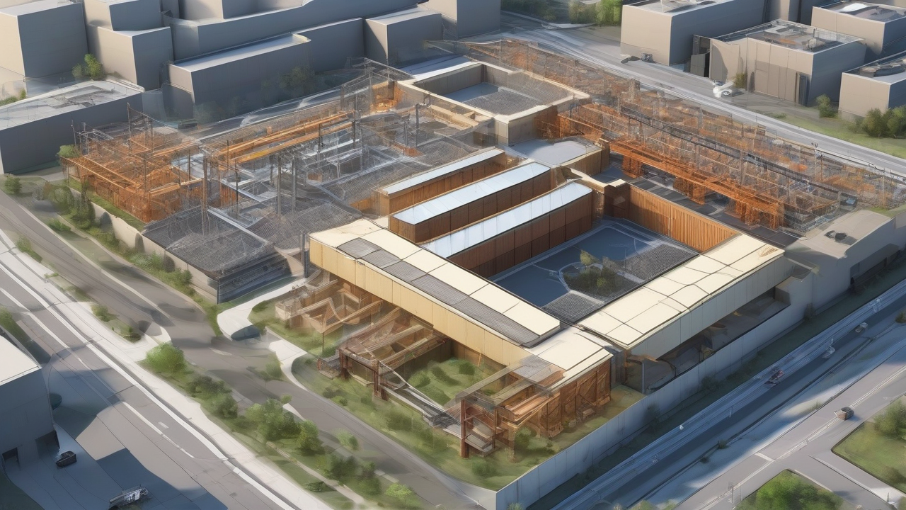 An unfinished data-center campus connects memory wafers to an incomplete power grid