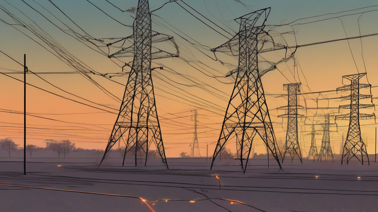 A fallen transmission line sits before a regional grid and anonymous data-center campuses switching to backup power