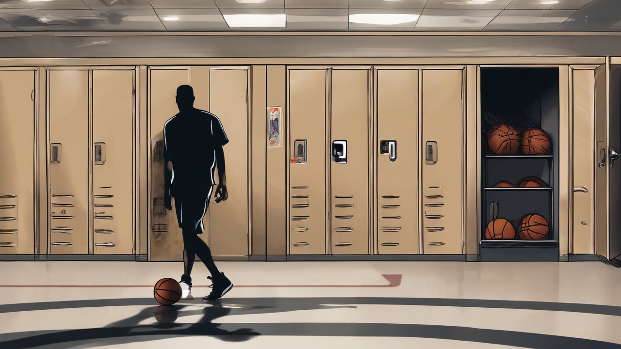 An anonymous veteran basketball player enters an arena as an empty roster locker is cleared beside the doorway