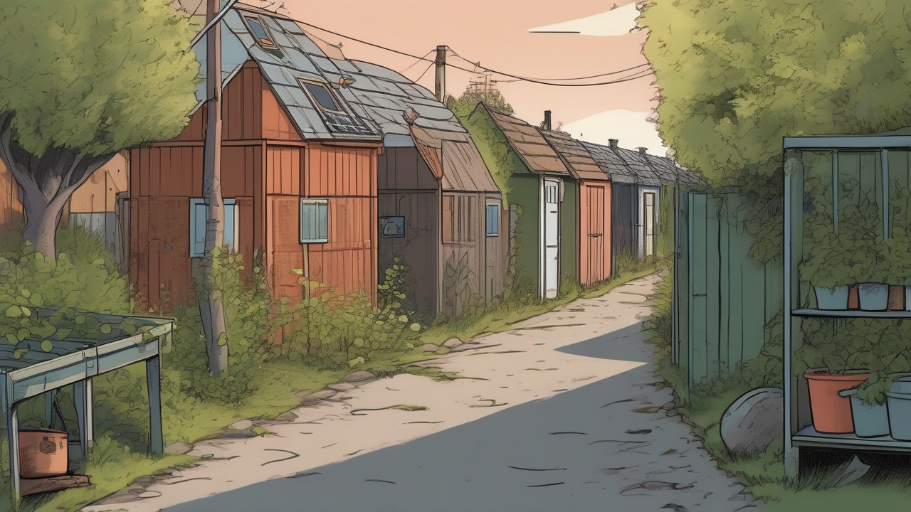 An empty Berlin allotment path at dusk is bounded by a police perimeter and garden sheds