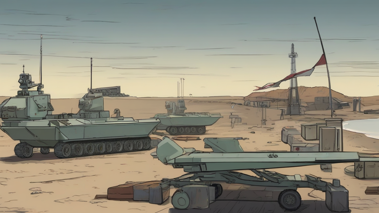 Two empty military launch positions face a quiet gulf beyond a negotiation table with an unfinished operating protocol