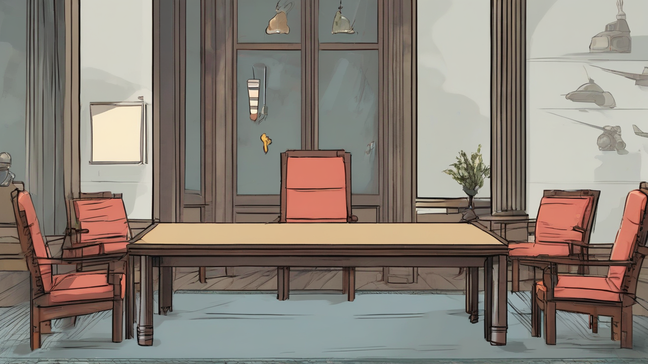 Quiet launch positions face a gulf while two mediator chairs flank an unfinished protocol