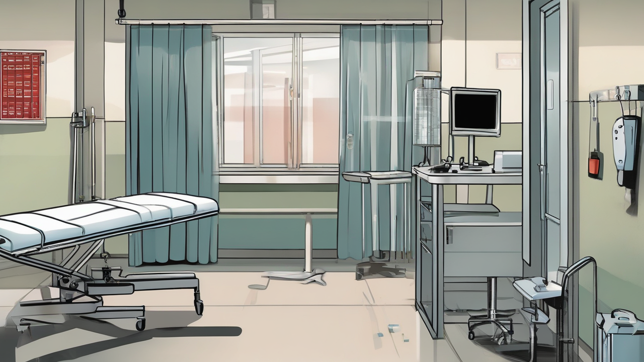 A redacted health-budget table beside an empty clinical treatment room