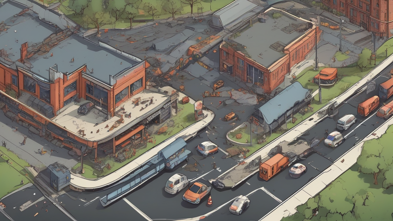 A damaged shopping centre beside a cracked road, stopped train, emergency cordon, and darkened homes