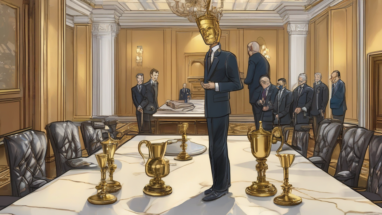 A golden trophy on a velvet stand in a boardroom as suited hands wrap a measuring tape around its base