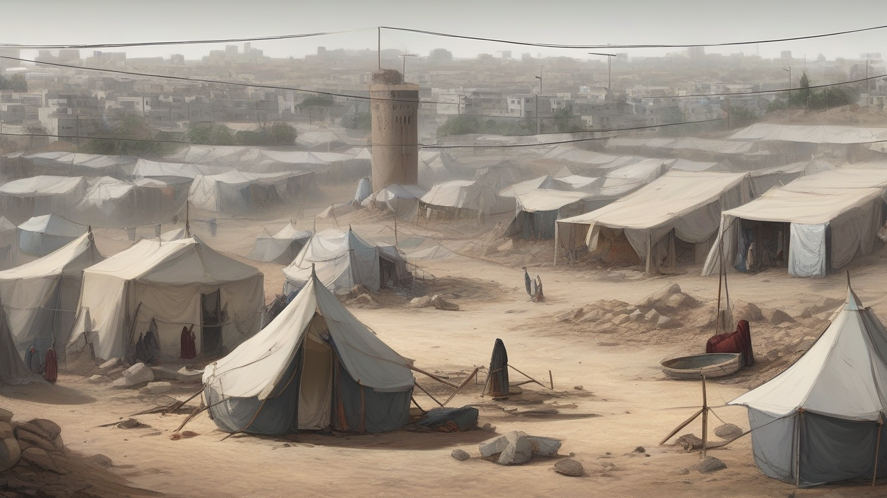 A broken minaret stump rises beside rows of intact white displacement tents, dust hanging in the air
