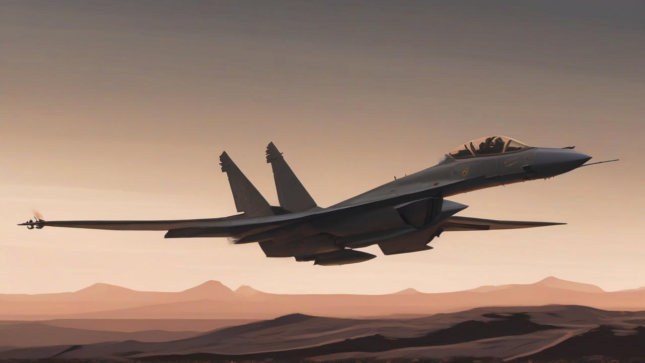 Two fighter jets in loose formation over a dark desert at dusk, distant fires glowing on the horizon