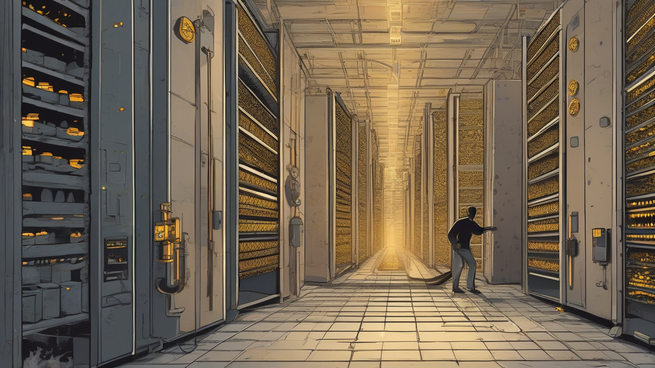 A conveyor belt of server racks feeding a bank-vault-shaped furnace, coins in and thin smoke out