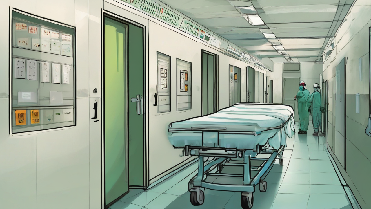 A health worker in full protective gear updating a tally board in a long isolation corridor receding into shadow