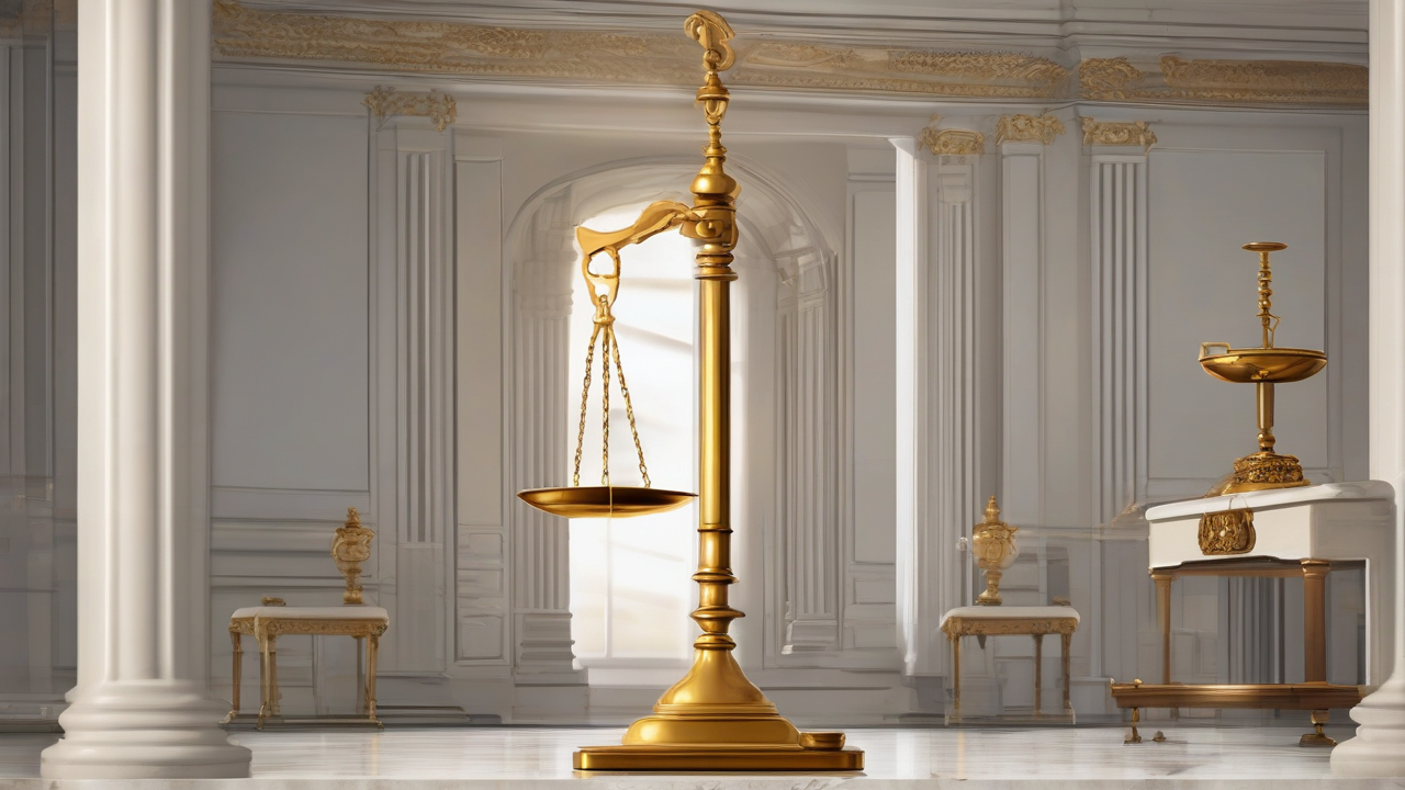 A brass balance scale on marble, one pan holding a small flame and the other a wilting plant, the beam out of level