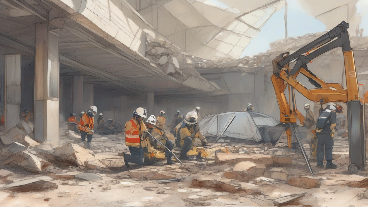 Rescue workers resting in a strip of shade beside a collapsed mall atrium, a tripod thermometer in the foreground