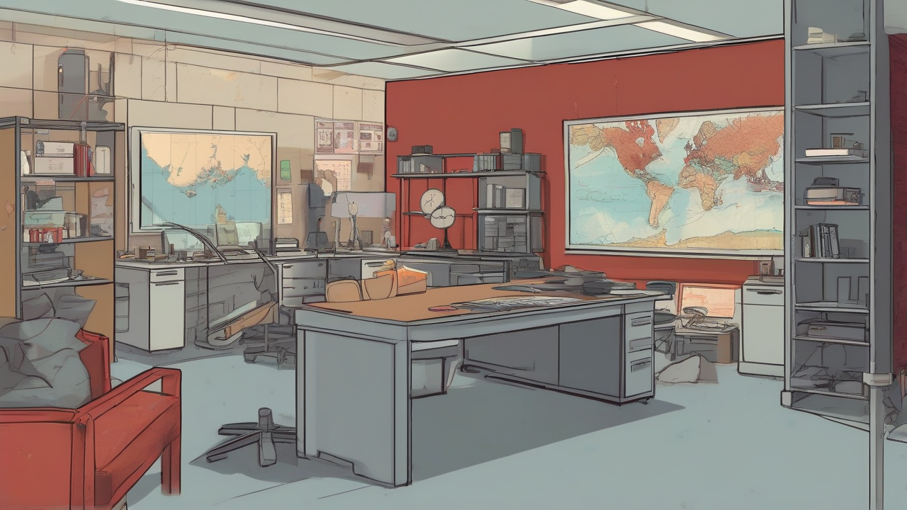 A sparse operations room at night with a large analog wall clock nearing a red-marked position and a Gulf map pinned behind