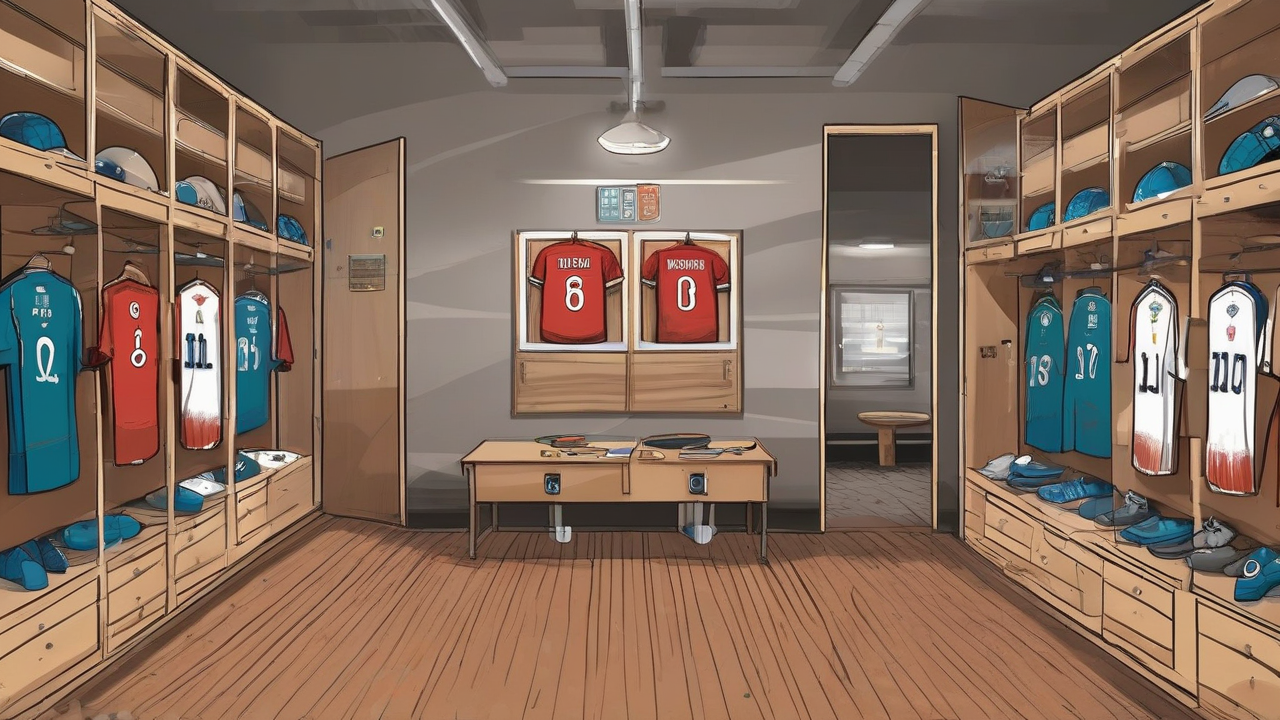 A dim locker room with dozens of national-team jerseys on pegs and a covered trophy at the center under a shaft of light