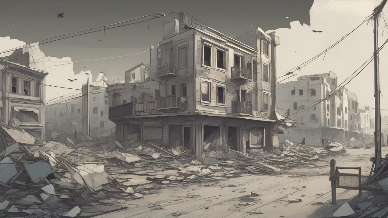 Paper fragments drifting over damaged low-rise buildings