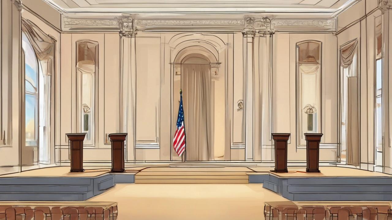 Two empty podiums facing opposite directions under a stark lighting divide