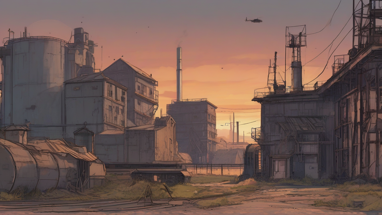 Radar sweep with a blank sector over a ruined industrial town