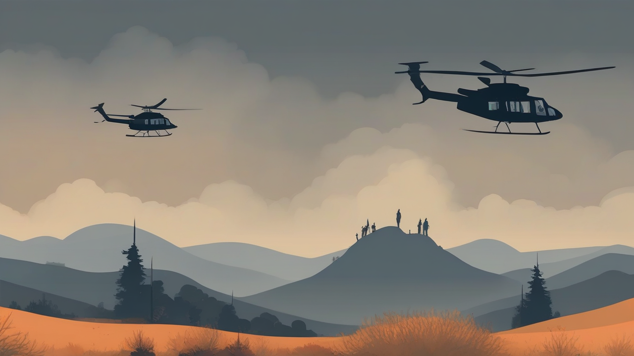 Two water-dropping helicopters silhouetted against wildfire smoke over hills