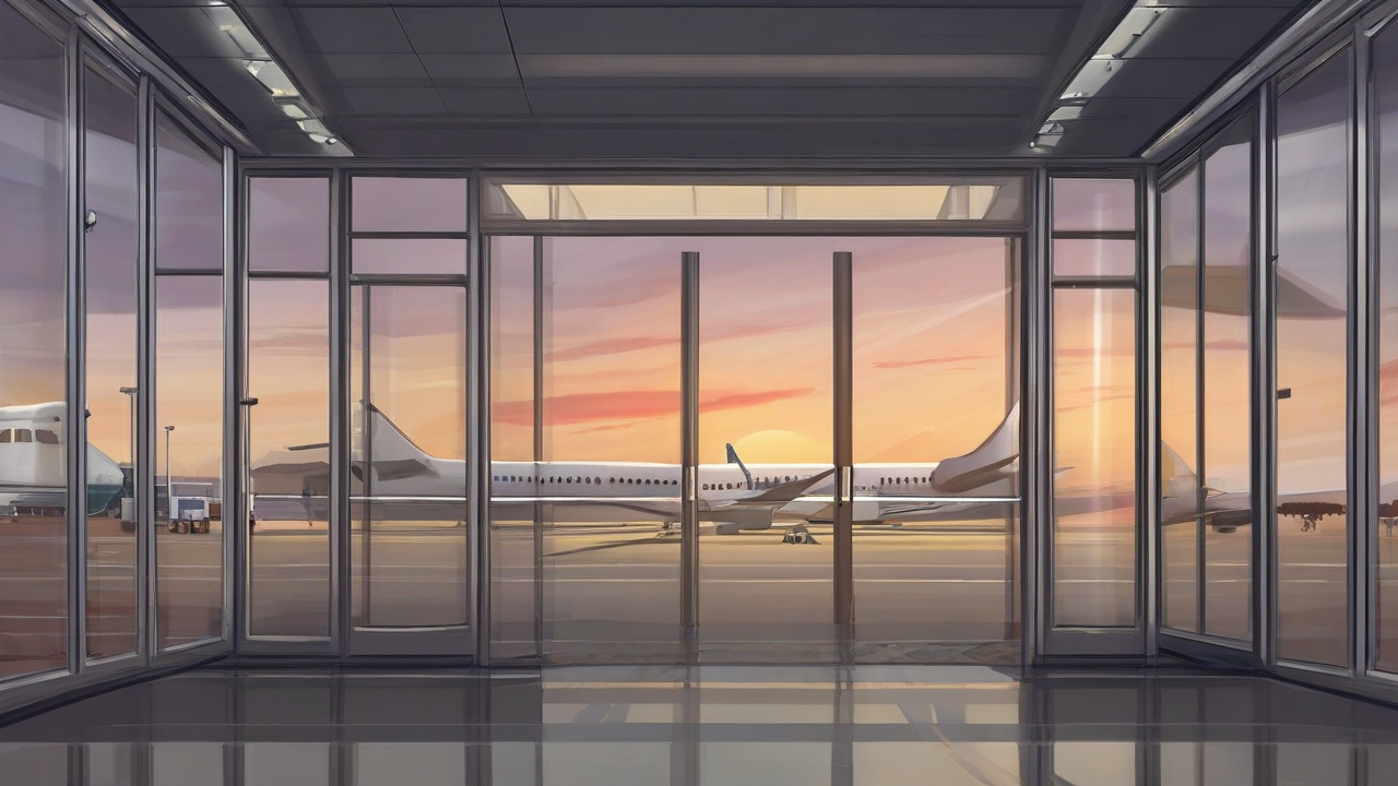 Empty airport jet bridge at dawn with a parked narrow-body airliner