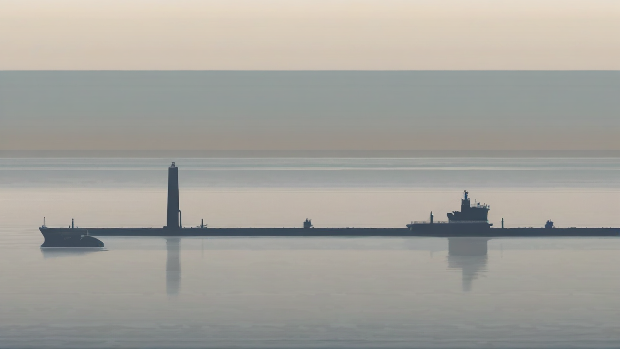 Two shipping lanes split by a pale channel marker in a narrow strait