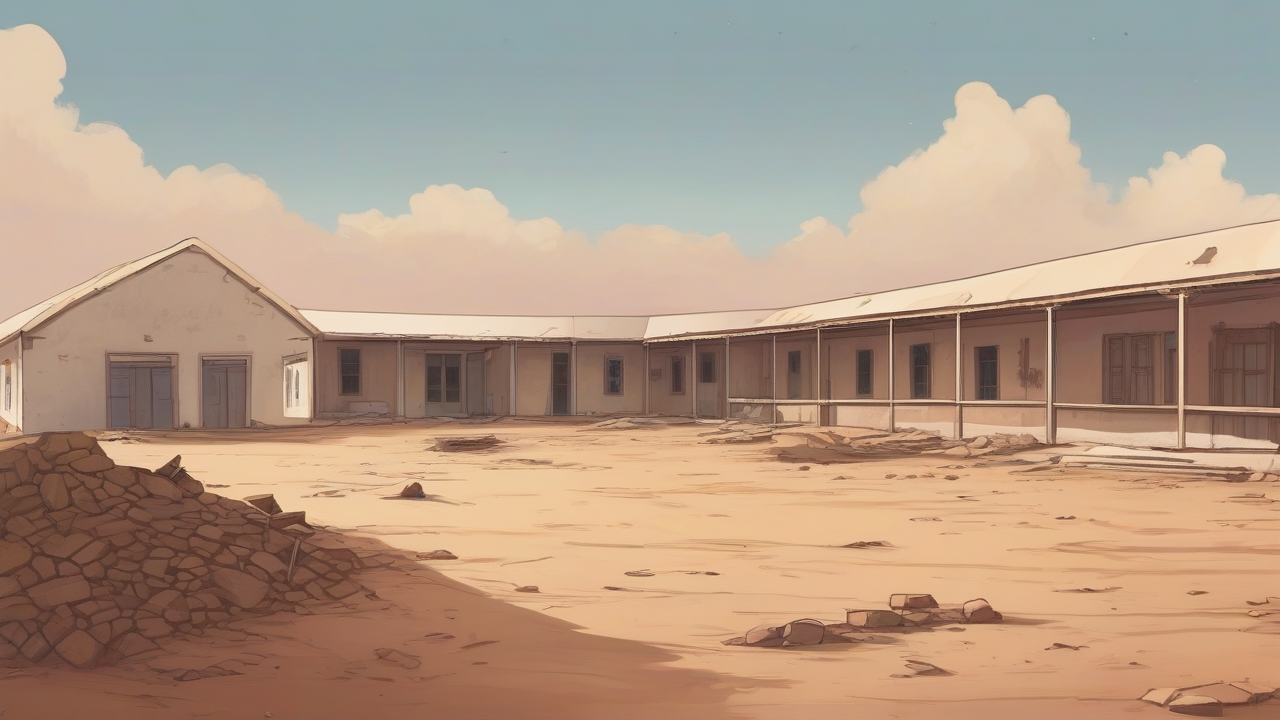Collapsed village courthouse roof under a pale Sahel sky