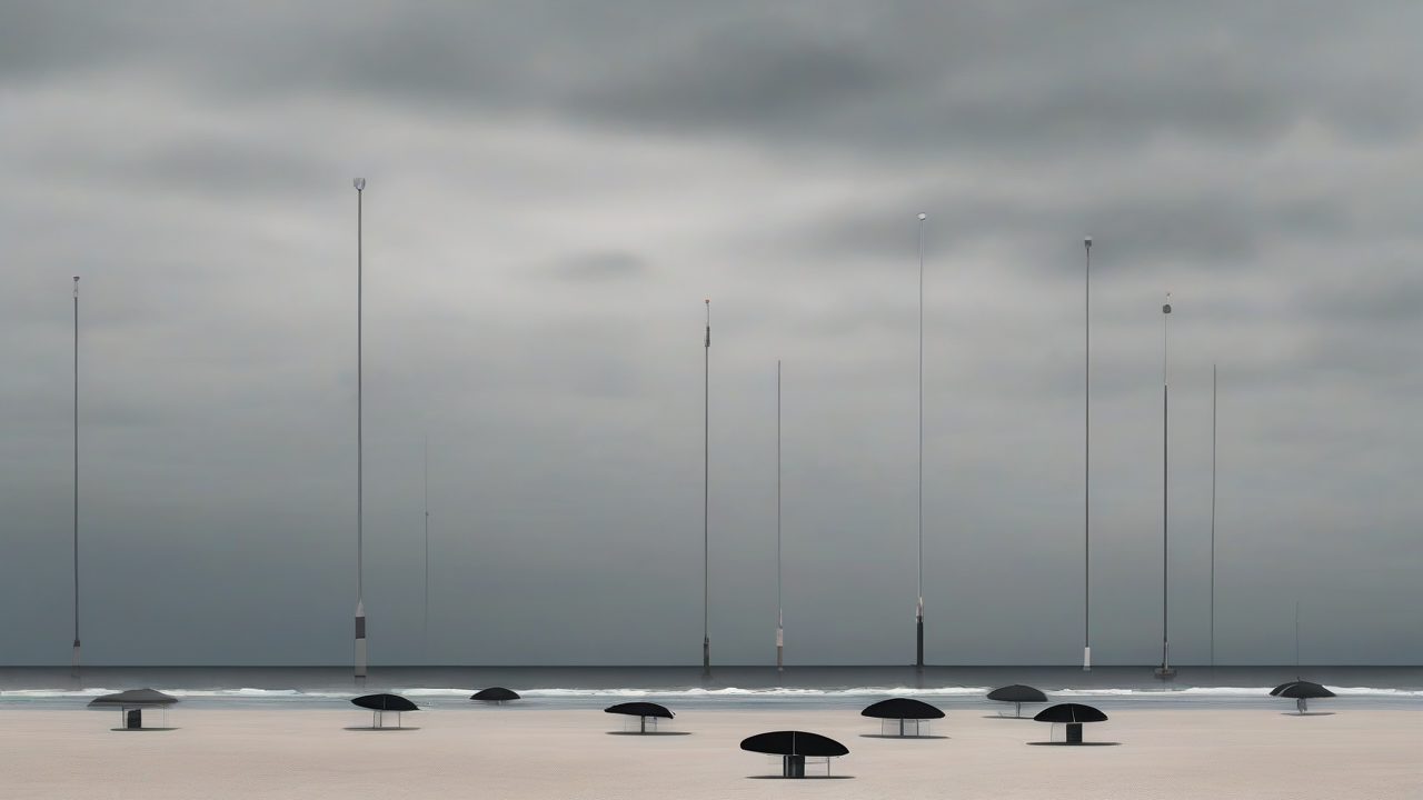 Empty beach umbrellas under a grey sky with a distant smoke column