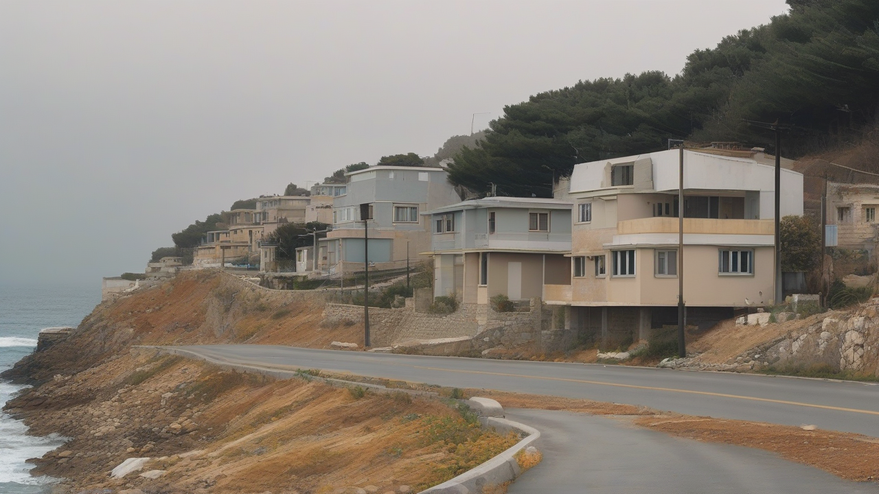 Empty coastal road and shuttered houses under a pale Lebanese sky