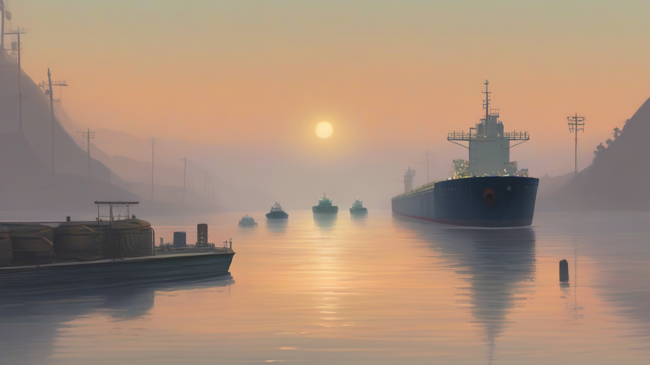 Empty tanker lane markers in a hazy strait