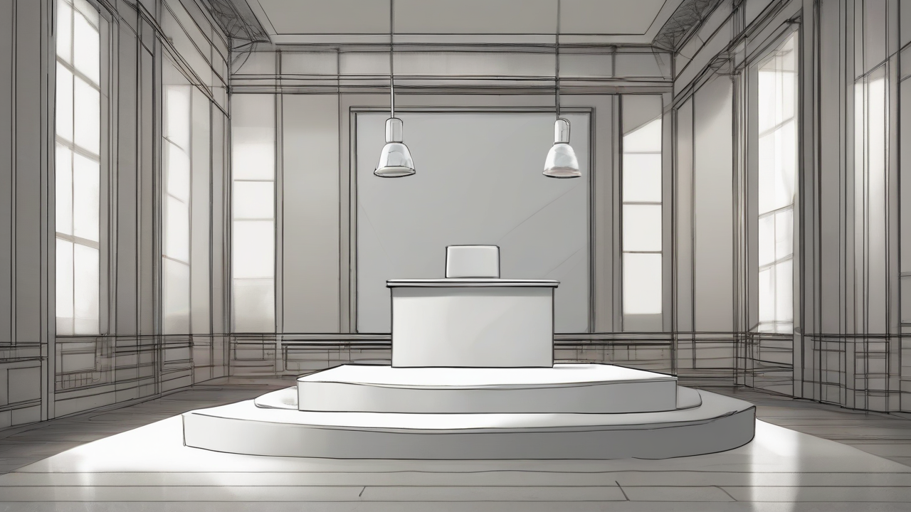 Empty podium under hard light beside a blank sea chart