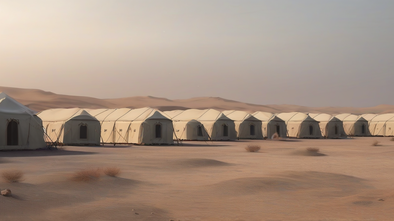 Dust over empty desert camp tents under a pale Yemen sky