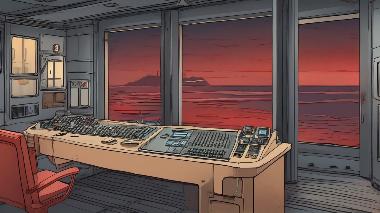 Empty naval chart table and a dark command-room window on a Red Sea night