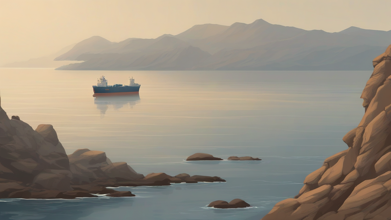 Empty tanker lane markers in a hazy strait off a rocky Oman shore