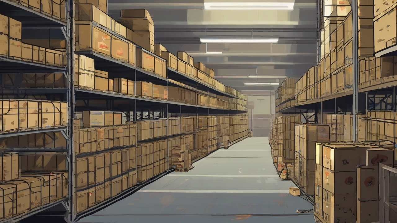 Closed ammunition crates in a dim warehouse aisle