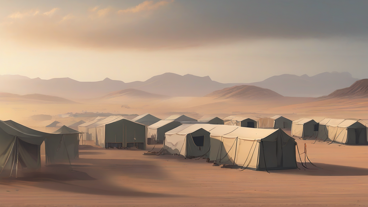 Dust over empty desert camp tents under a pale Yemen sky