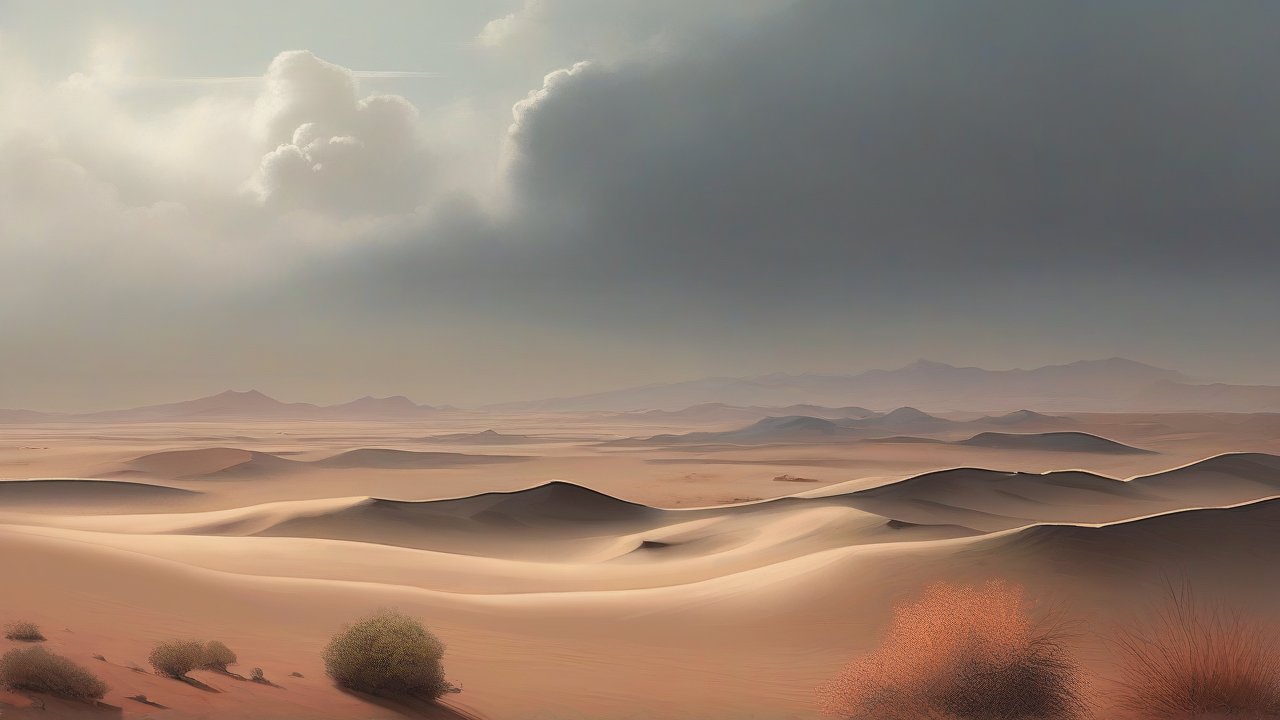 Empty desert ridge and distant smoke under a pale Yemen sky