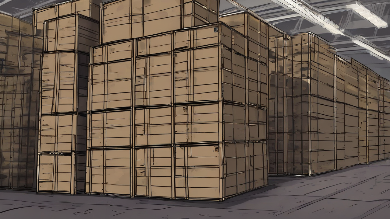 Closed ammunition crates in a dim warehouse aisle