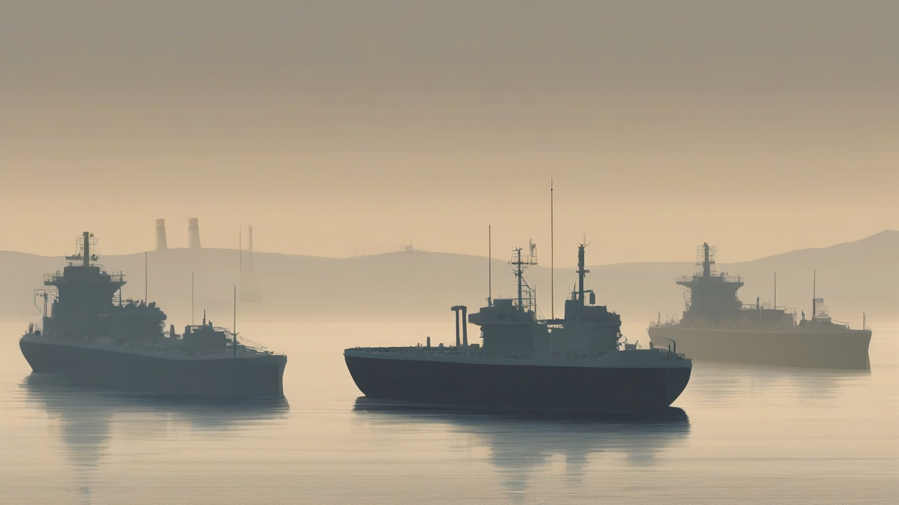 Empty tanker lane markers in a hazy strait