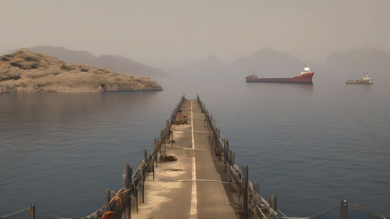 Empty tanker lane markers in a hazy strait off a rocky shore
